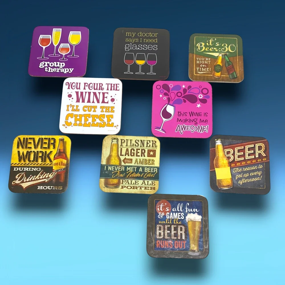 Lot of 9 Funny Wine & Beer Drinking Coasters Cork Backed Alcohol Humorous Jokes